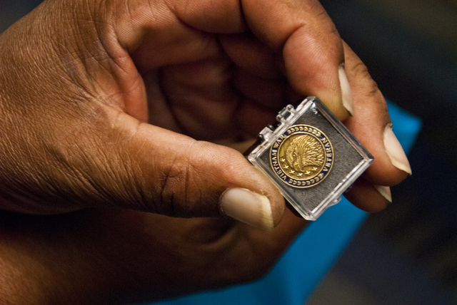Harold Ashley displays a pin he received in honor of his service during the Vietnam War era at the VA Medical Center in North Las Vegas on Thursday, Sept. 15, 2016.  (Daniel Clark/Las Vegas Review ...