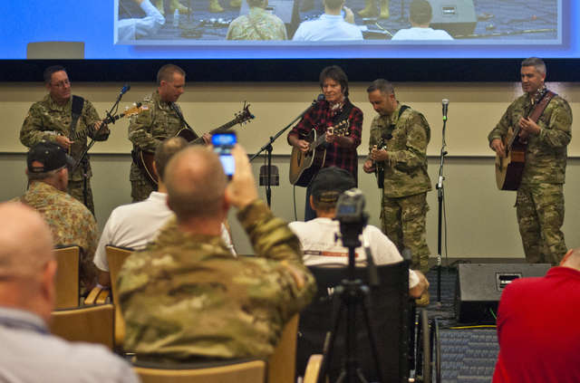 John Fogerty of Creedence Clearwater Revival fame performs with the Six-String Soldiers in honor of National POW-MIA Recognition Day at the VA Medical Center in North Las Vegas on Thursday, Sept.  ...