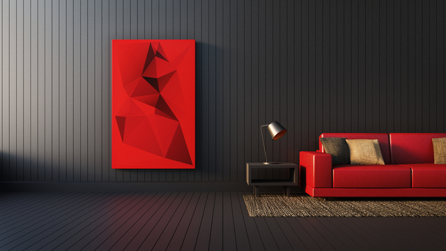 THINKSTOCK
Very warm and dramatic against a dark background, this monochromatic painting featuring geometric shapes brings intensity and vitality to this modern living area interior.