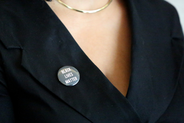Erika Ballou was asked to remove her Black Lives Matter pin or leave the courtroom of District Judge Douglas Herndon at the Regional Justice Center on Tuesday, September 20, 2016. Michael Quine La ...