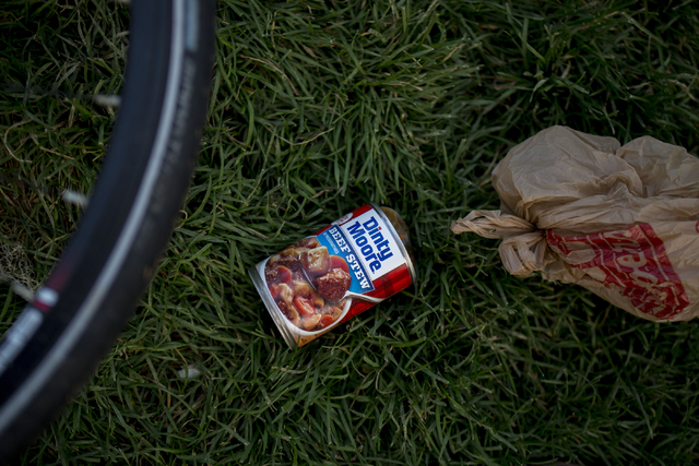 A can of soup was left after eaten cold and shared amongst friends at Commons Park, Wednesday, Aug. 31, 2016, in Denver. Elizabeth Page Brumley/Las Vegas Review-Journal Follow @ELIPAGEPHOTO