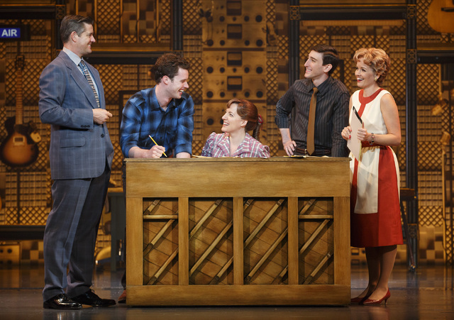 At the piano, Don Kirshner (Curt Bouril) joins songwriting teams Gerry Goffin (Liam Tobin) and Carole King (Abby Mueller), Barry Mann (Ben Fankhouser) and Cynthia Weil (Bucky Gulsvig) in "Beautifu ...