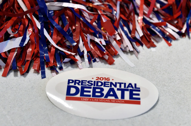 Debate memorabilia is displayed at debate watch event at UNLV Monday, Sept. 26, 2016, in Las Vegas.  Several hundred college, middle and high school debate students watched the first presidential  ...