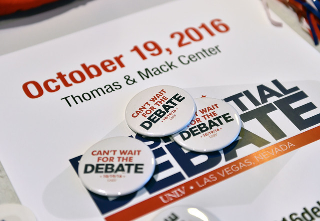 Debate memorabilia is displayed at debate watch event at UNLV Monday, Sept. 26, 2016, in Las Vegas.  About 300 college, middle and high school debate students provided commentary and answered ques ...