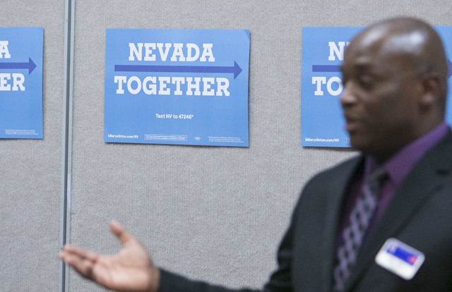 Mike Kelly of the Nevada Democratic Veterans and Military Families Caucus introduces guests during a roundtable discussion of national security at the Silver Mesa Recreation Center in North Las Ve ...