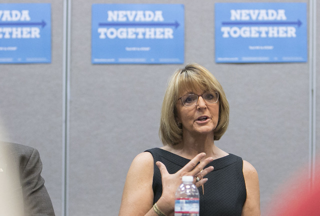 Retired Air Force Maj. Gen. Margaret Woodward speaks to veterans and other officials during a roundtable discussion of national security at the Silver Mesa Recreation Center in North Las Vegas on  ...