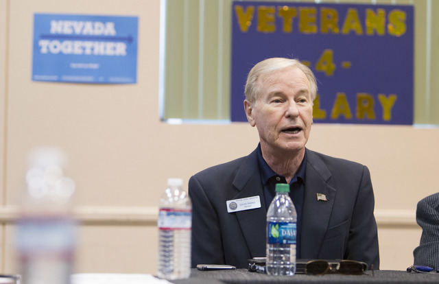 State Sen. David Parks introduces himself to veterans and other officials attending a roundtable discussion of national security at the Silver Mesa Recreation Center in North Las Vegas on Wednesda ...