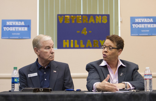 State Sen. David Parks listens to Sen. Pat Spearman during a roundtable discussion of national security at the Silver Mesa Recreation Center in North Las Vegas on Wednesday, Sept. 7, 2016. (Richar ...