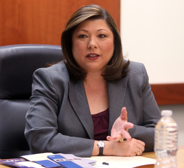 Gerri Schroder, an incumbent candidate for Henderson City Council Ward 1, talks to the Las Vegas Review-Journal editorial board at the Review-Journal offices in Las Vegas Wednesday, Feb. 18, 2015. ...