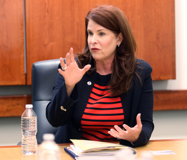 Debra March, an incumbent candidate for Henderson City Council Ward 2, talks to the Las Vegas Review-Journal editorial board at the Review-Journal offices in Las Vegas on Tuesday, March 3, 2015. ( ...