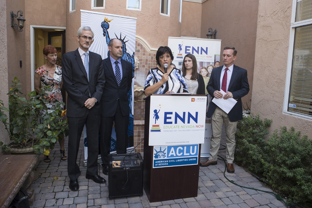 Policy Director of Educate Nevada Now Dr. Sylvia Lazos speaks at a press conference in response to the Nevada Supreme Court decision on Educational Savings Accounts on Thursday, Sept. 29, 2016, at ...
