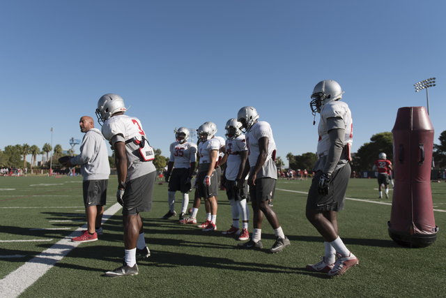 Players stand on the sideline during football practice at UNLV's Rebel Park in Las Vegas, Tuesday, Sept. 27, 2016. (Jason Ogulnik/Las Vegas Review-Journal)