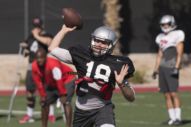 Dalton Sneed (18) throws the football during practice at UNLV's Rebel Park in Las Vegas, Tuesday, Sept. 27, 2016. (Jason Ogulnik/Las Vegas Review-Journal)