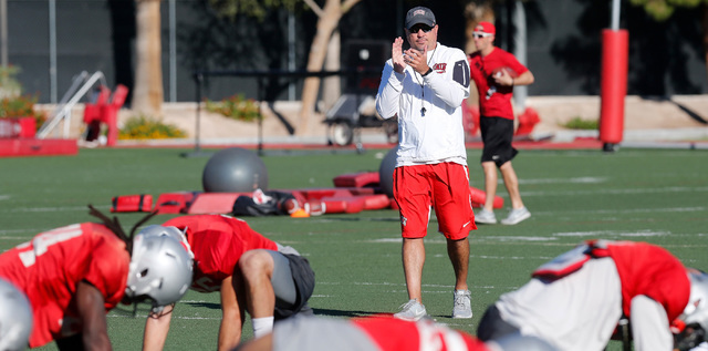 UNLV football coach Tony Sanchez watches a team drill during practice at Rebel Park in Las Vegas, Tuesday, Sept. 13, 2016. (Chitose Suzuki/Las Vegas Review-Journal)