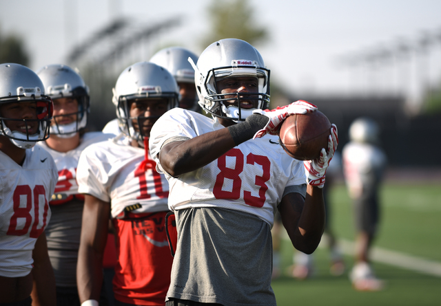 Wide Receiver Devonte Boyd (83) catches a pass during football practice at Rebel Park inside the UNLV campus in Las Vegas on Thursday, Aug. 25, 2016. (Martin S. Fuentes/Las Vegas Review-Journal)