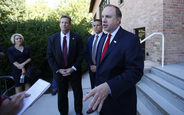 FBI Special Agent in Charge Aaron Rouse addresses members of the media during a press conference outside the main entrance of City Hall in Boulder City on Friday, Sept. 16, 2016. (Richard Brian/La ...