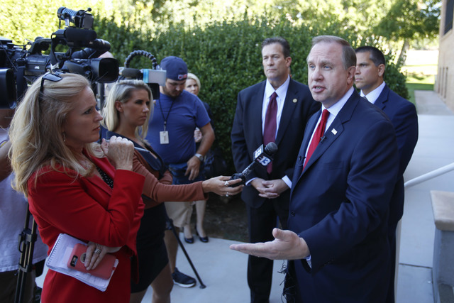 FBI Special Agent in Charge Aaron Rouse addresses members of the media during a press conference outside the main entrance of City Hall in Boulder City on Friday, Sept. 16, 2016. (Richard Brian/La ...