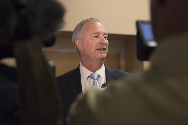 Southern Nevada Tourism Infrastructure committee chairman Steve Hill speaks with news media following a Southern Nevada Tourism Infrastructure committee meeting at UNLV in Las Vegas to discuss the ...