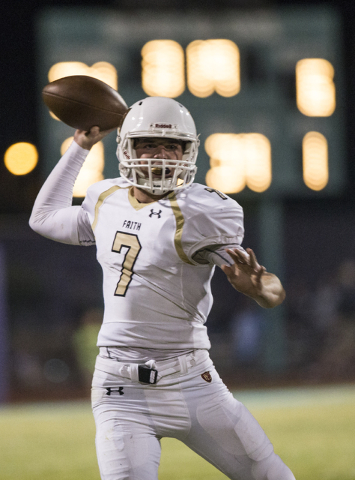 Faith Lutheran quarterback Sagan Gronauer (7) makes a sideline throw during the Crusaders road matchup with the Skyhawks on Friday, Sept. 16, 2016, at Silverado High School, in Las Vegas. Benjamin ...