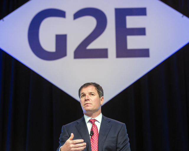 Geoff Freeman, American Gaming Association president and CEO, speaks during a general session at the Global Gaming Expo in the Las Vegas Sands Expo and Convention Center on Tuesday , Sept. 27, 201 ...