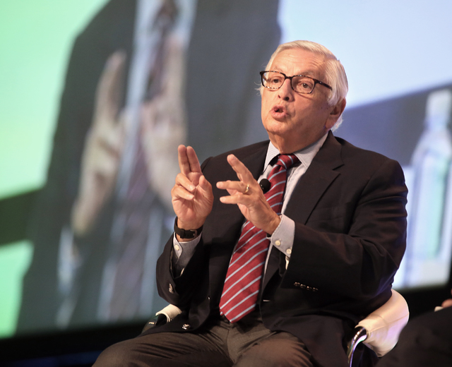 NBA Commissioner Emeritus David Stern speaks during a conversation with Geoff Freeman, president and CEO of American Gaming Association, at the Global Gaming Expo in the Las Vegas Sands Expo and C ...