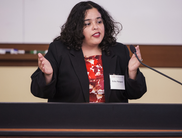 Dr. Erika Marquez, director of social policy for the Kenny Guinn Center for Policy Priorities, speaks at a gun reform presentation at the William S. Boyd School of Law at UNLV on Wednesday, Sept.  ...