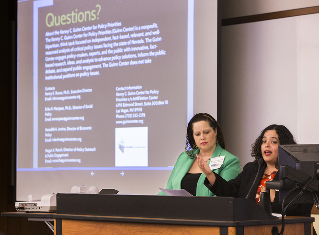 Dr. Erika Marquez, right, director of social policy for the Kenny Guinn Center for Policy Priorities, speaks at a gun reform presentation at the William S. Boyd School of Law at UNLV on Wednesday, ...