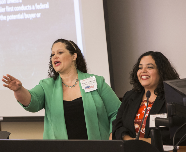 Dr. Rachel Anderson, left, a law professor at UNLV, and Dr. Erika Marquez, director of social policy for the Kenny Guinn Center for Policy Priorities, answer questions at a gun reform presentation ...