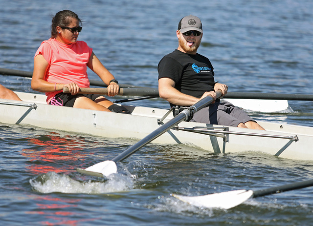 Daniel Chapman, right, and Melissa Rangel row during a Learn to Row class at Lake Las Vegas Sept. 17. Ronda Churchill/View