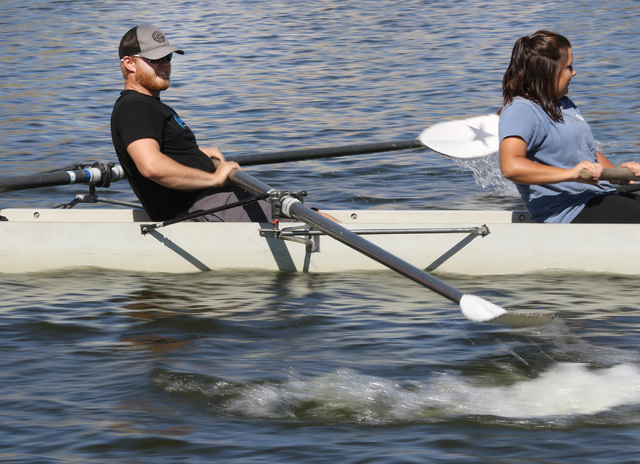Daniel Chapman, left, and Taylor Gangi row during a Learn to Row class at Lake Las Vegas Sept. 17. Ronda Churchill/View