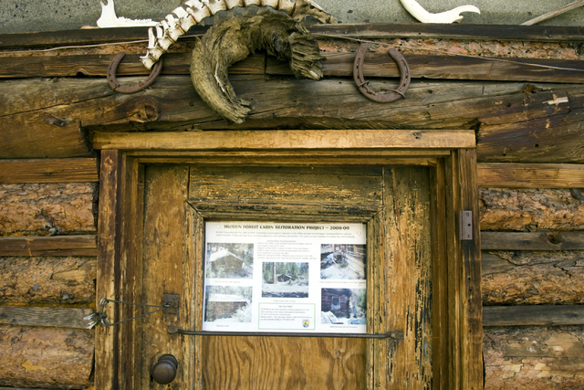 The door to the Hidden Forest Cabin in the Sheep Mountains north of Las Vegas is shown Tuesday, May 12, 2009. The Fish and Wildlife Service will repair and restore the remote, century-old log cabi ...