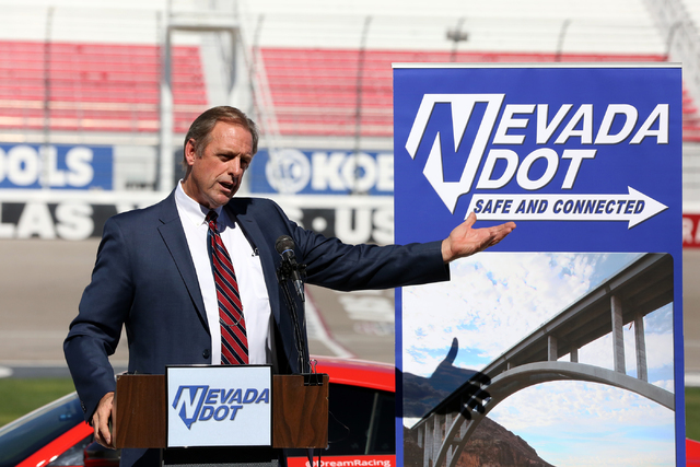 North Las Vegas Mayor John Lee speaks at an Nevada DOT press conference at the Las Vegas Motor Speedway announcing the expansion of a 5-mile stretch of Interstate 15 between Craig Road and Speedwa ...