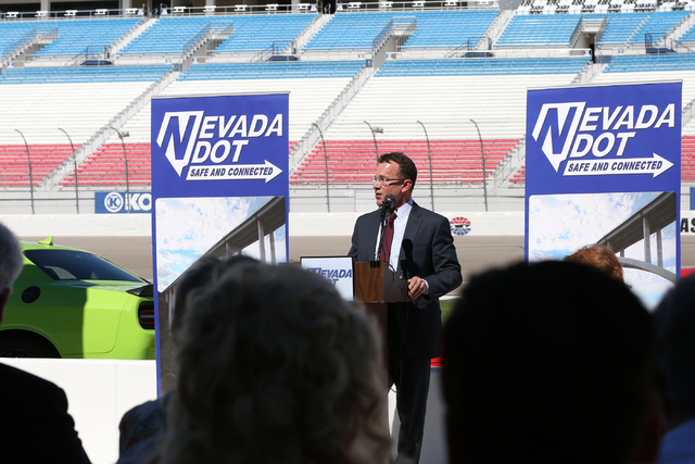 Paul Schneider, assistant division administrator for the Federal Highway Administration, speaks at an NDOT press conference at the Las Vegas Motor Speedway announcing the expansion of a 5-mile str ...