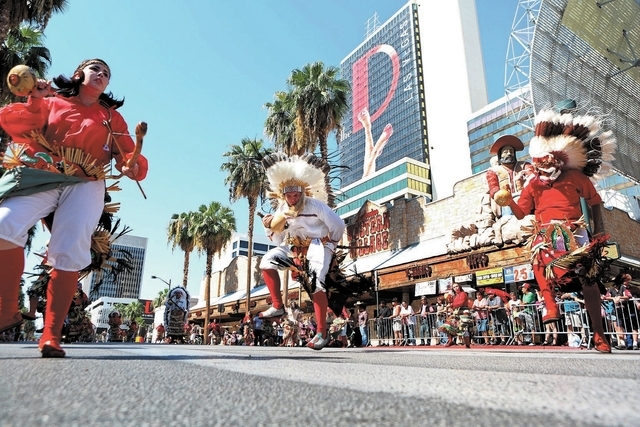 Matachines de Juarez (CQ) dancers perform during the Fiesta Las Vegas Latino Parade Saturday, Sept. 14, 2013, in Las Vegas. The parade, which traveled north on 4th Street downtown past the Fremont ...