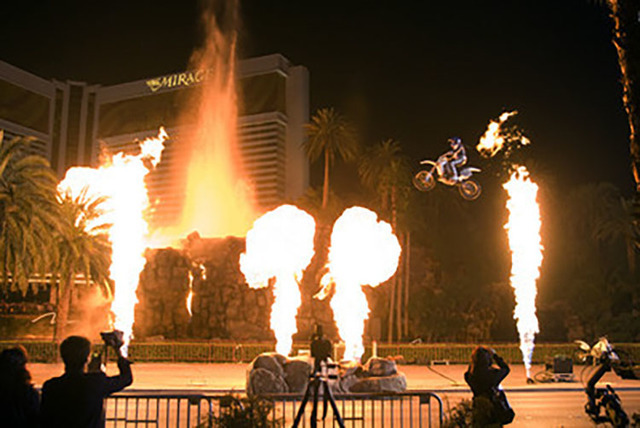 Robbie Knievel, son of late daredevil motorcyclist Evel Knievel, jumps over the newly revamped Mirage volcano on New Year's Eve Wednesday, Dec. 31, 2008. (K.M. Cannon/Las Vegas Review-Journal)