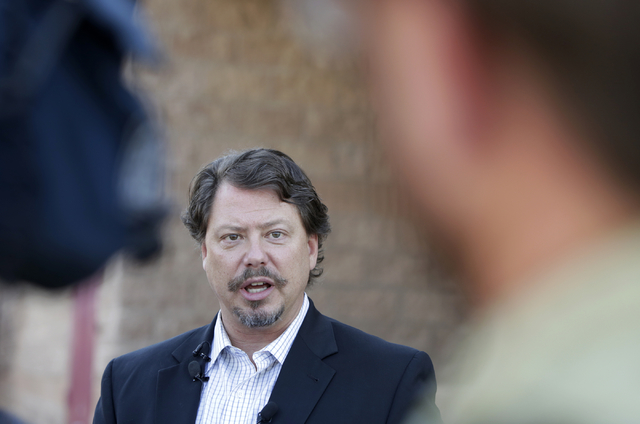 Clark County School District superintendent Pat Skorkowsky talks to members of the news media Friday, Sept. 9, 2016, at Johnson Junior High School in Las Vegas regarding mercury found at the schoo ...