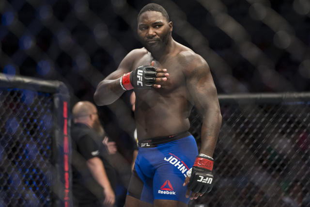 Anthony Johnson reacts after his first round knockout win against Glover Teixeira in the light heavyweight bout during UFC 202 at T-Mobile Arena on Saturday, Aug. 20, 2016, in Las Vegas. (Erik Ver ...