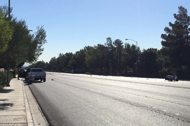 A Las Vegas motorcycle officer was hospitalized after being struck by a car on Tropicana Avenue near Durango Drive early Friday, Sept. 16, 2016. (Kira Terry/Las Vegas Review-Journal)