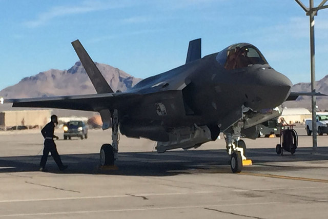 The first F-35 Lightning II joint strike fighter jet assigned to the 57th Wing arrives Thursday, Jan. 15, 2015, at Nellis Air Force Base. (Keith Rogers/Las Vegas Review-
Journal)