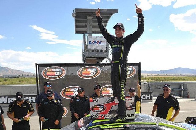 Noah Gragson of Las Vegas celebrates in victory circle after his NASCAR K&N West Series victory at the Utah Motorsports Campus near Salt Lake City on Sept. 10, 2016. (Noah Gragson Racing)