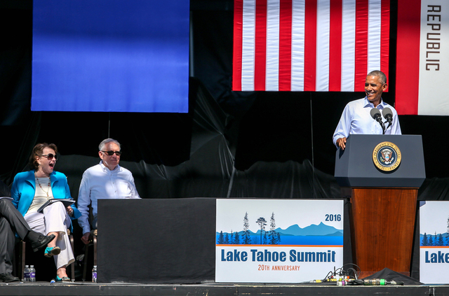 U.S. Sen. Dianne Feinstein, left, U.S. Sen. Harry Reid and President Barack Obama participate in the 20th annual Tahoe Summit in Stateline on Wednesday, Aug. 31, 2016. Obama was the keynote speake ...