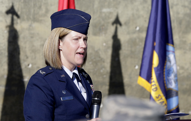 Col. Samantha Weeks speaks during the annual National POW-MIA Recognition Day ceremony Friday, Sept 16, 2016, at Nellis Air Force Base. Bizuayehu Tesfaye/Las Vegas Review-Journal Follow @bizutesfaye