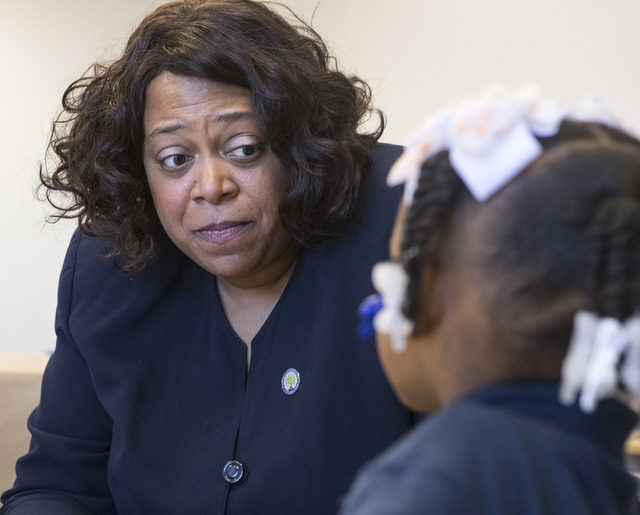 Deputy Assistant Secretary with the U.S. Department of Education Monique Chism, left, speaks with Mariah Wilson, 4, at Mater Academy of Nevada in Las Vegas on Thursday, Sept. 15, 2016. Loren Towns ...