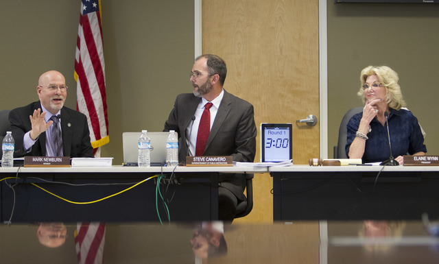 Nevada Department of Education members Mark Newburn, from left, Steve Canavero and Elaine Wynn are shown during a public hearing on the regulations needed to overhaul Clark County School District  ...