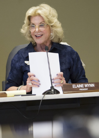 President of the Nevada Department of Education Elaine Wynn speaks during a public hearing on the regulations needed to overhaul Clark County School District at the Nevada Department of Education' ...