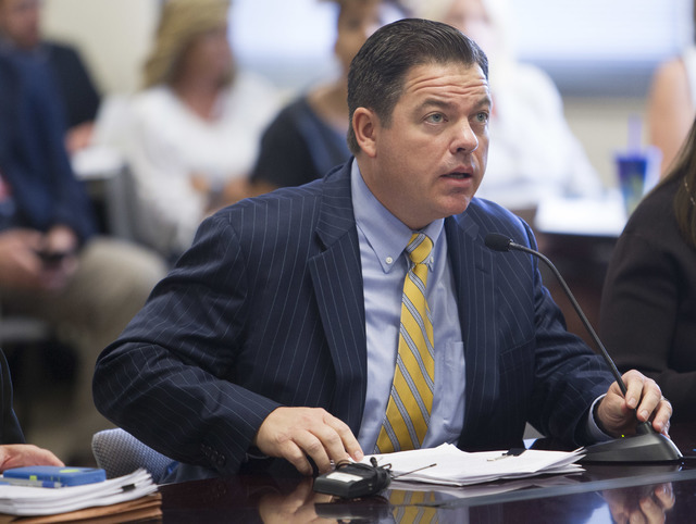 Sen. Michael Roberson speaks during a public hearing on the regulations needed to overhaul Clark County School District at the Nevada Department of Education's boardroom in Las Vegas on Thursday,  ...