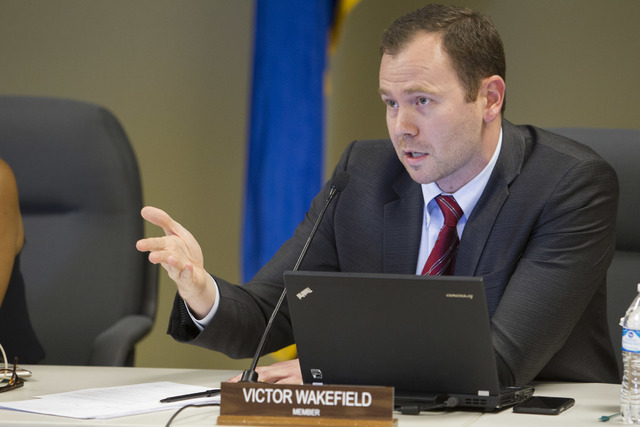 Member of the Nevada Department of Education Victor Wakefield speaks during a public hearing on the regulations needed to overhaul Clark County School District at the Nevada Department of Educatio ...