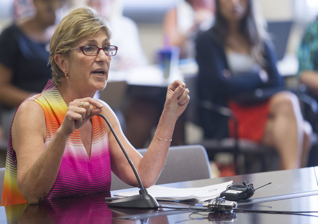 Clark County Commissioner Chris Giunchigliani speaks during a public hearing on the regulations needed to overhaul Clark County School District  at the Nevada Department of Education's boardroom i ...