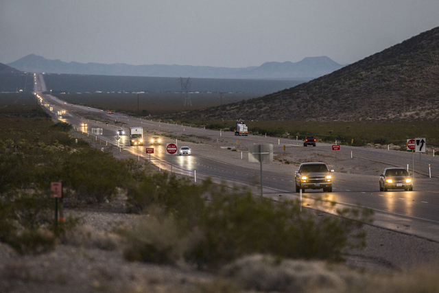 Cars traveling northbound on U.S. Highway 95 pass by Searchlight Airpark subdivision on Sunday, Sept. 4, 2016, in Searchlight, Nev. (Benjamin Hager/Las Vegas Review-Journal)