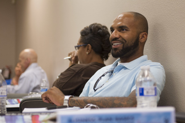 Warren Orphey Jr., owner of Exmoor Investments, listens in during the NxLeveL for Entrepreneurs small business course at the Urban Chamber of Commerce in Las Vegas on Wednesday, Aug. 31, 2016. (R ...